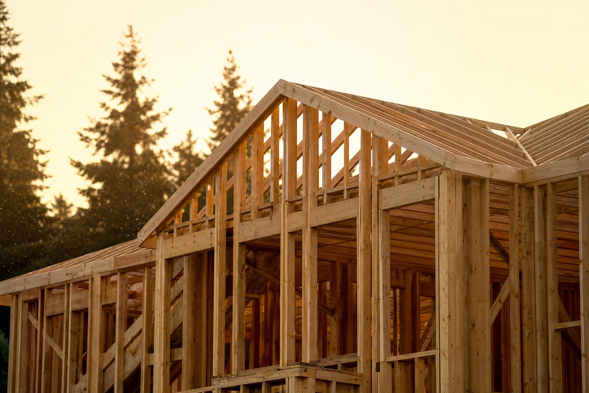 Custom home under construction at framing stage at golden hour