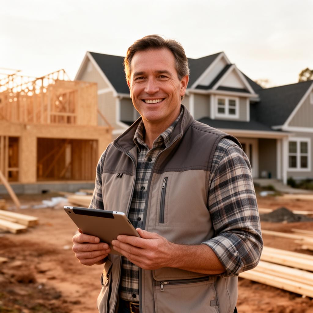 A friendly custom home builder on a residential construction site.