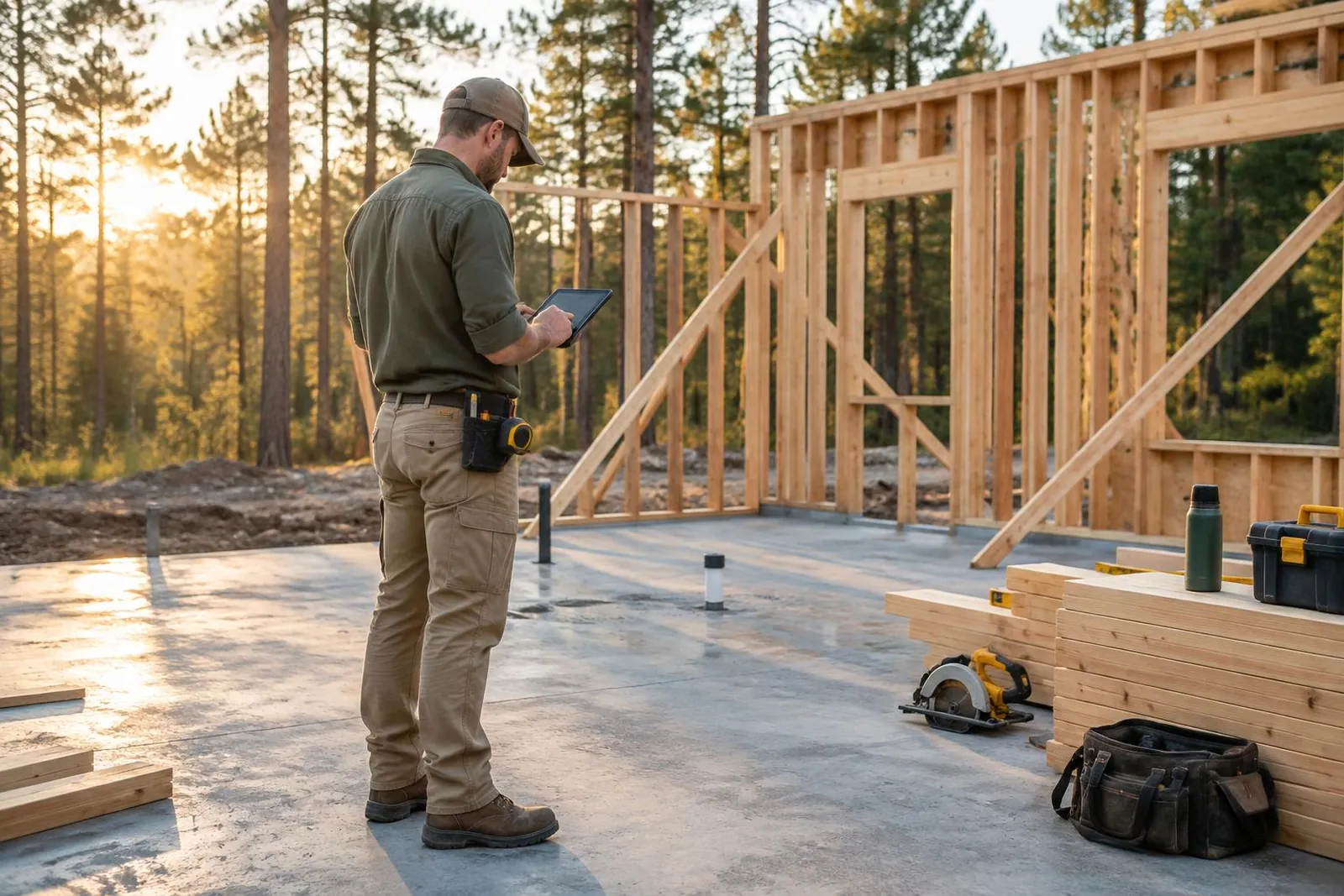 A builder reviewing a tablet beside timber framing