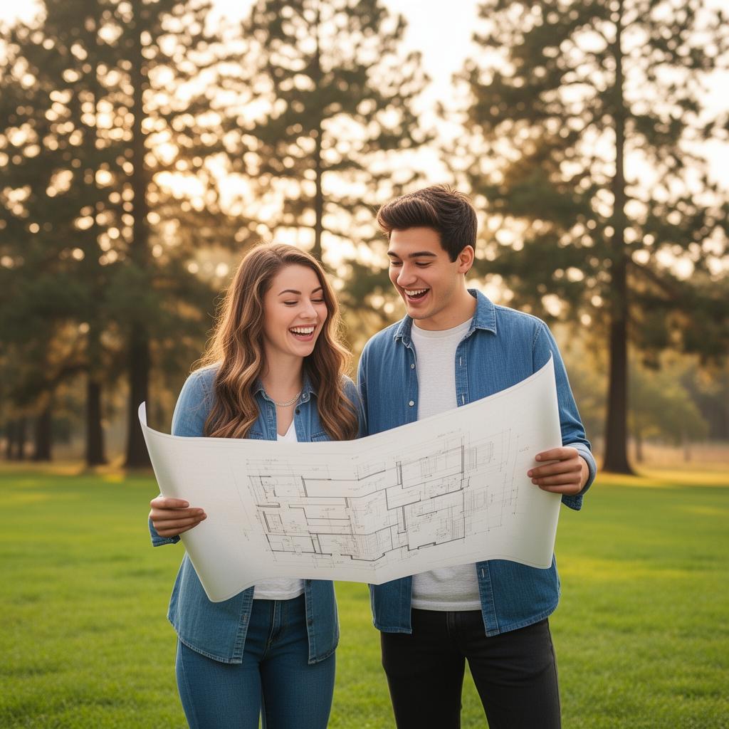 Young couple looking at blueprints on a sunny grass lot.
