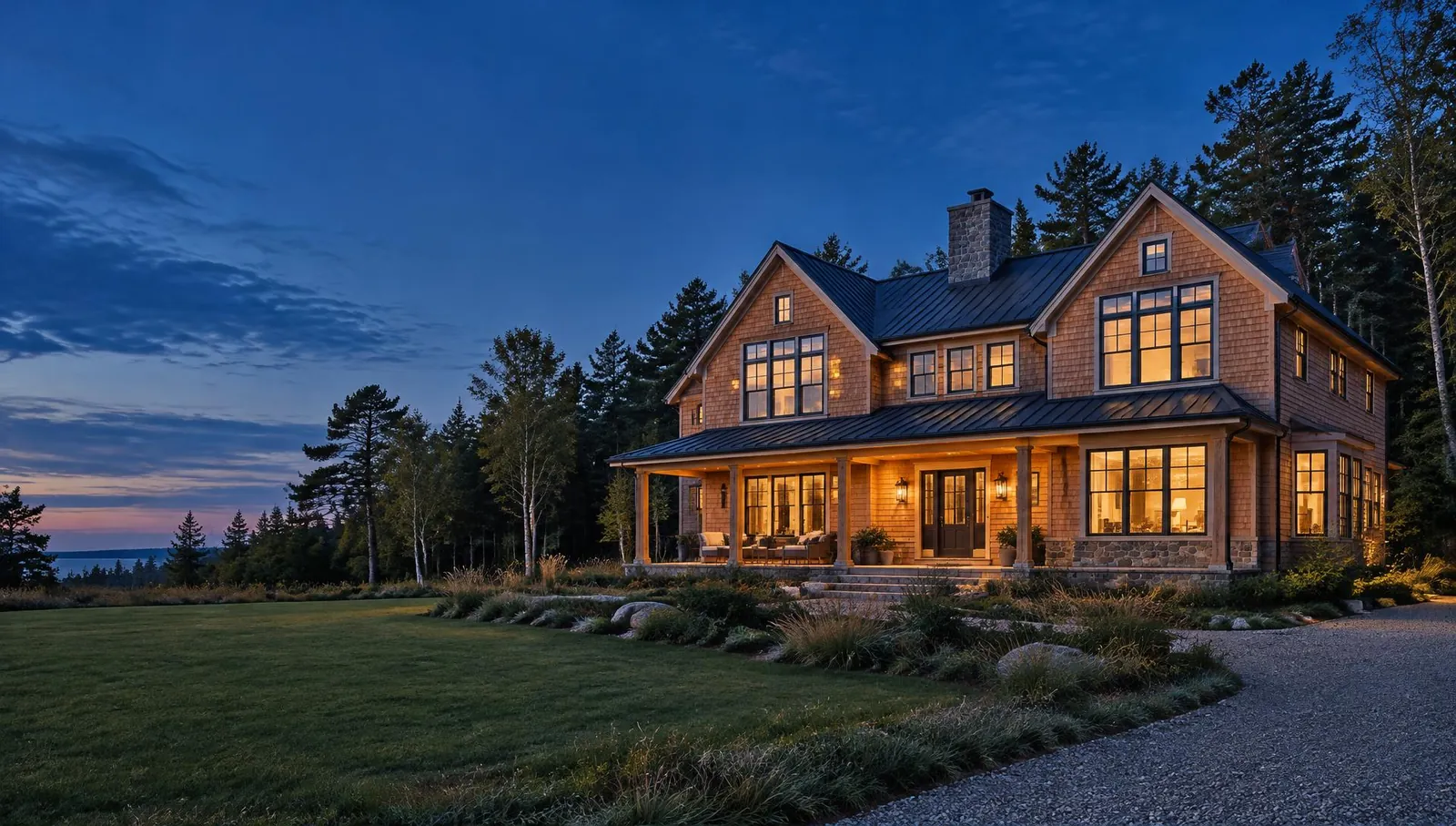 A finished cedar-shingle custom home at dusk, with warm windows, stone and a woodland setting
