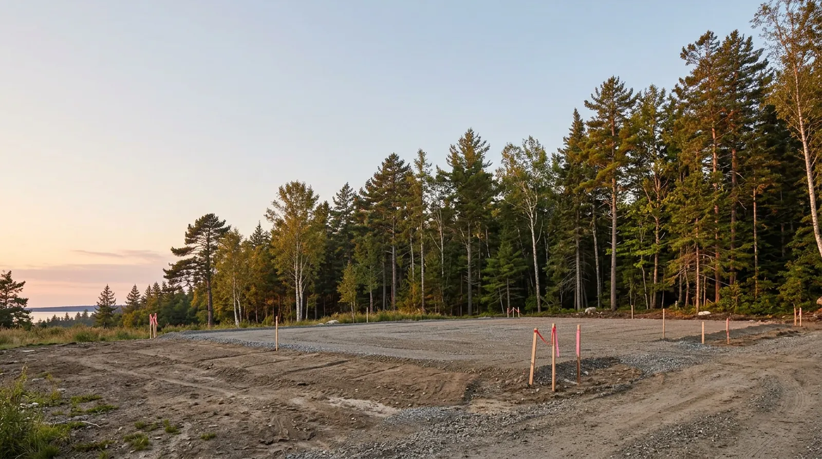 A cleared woodland lot with survey stakes before construction