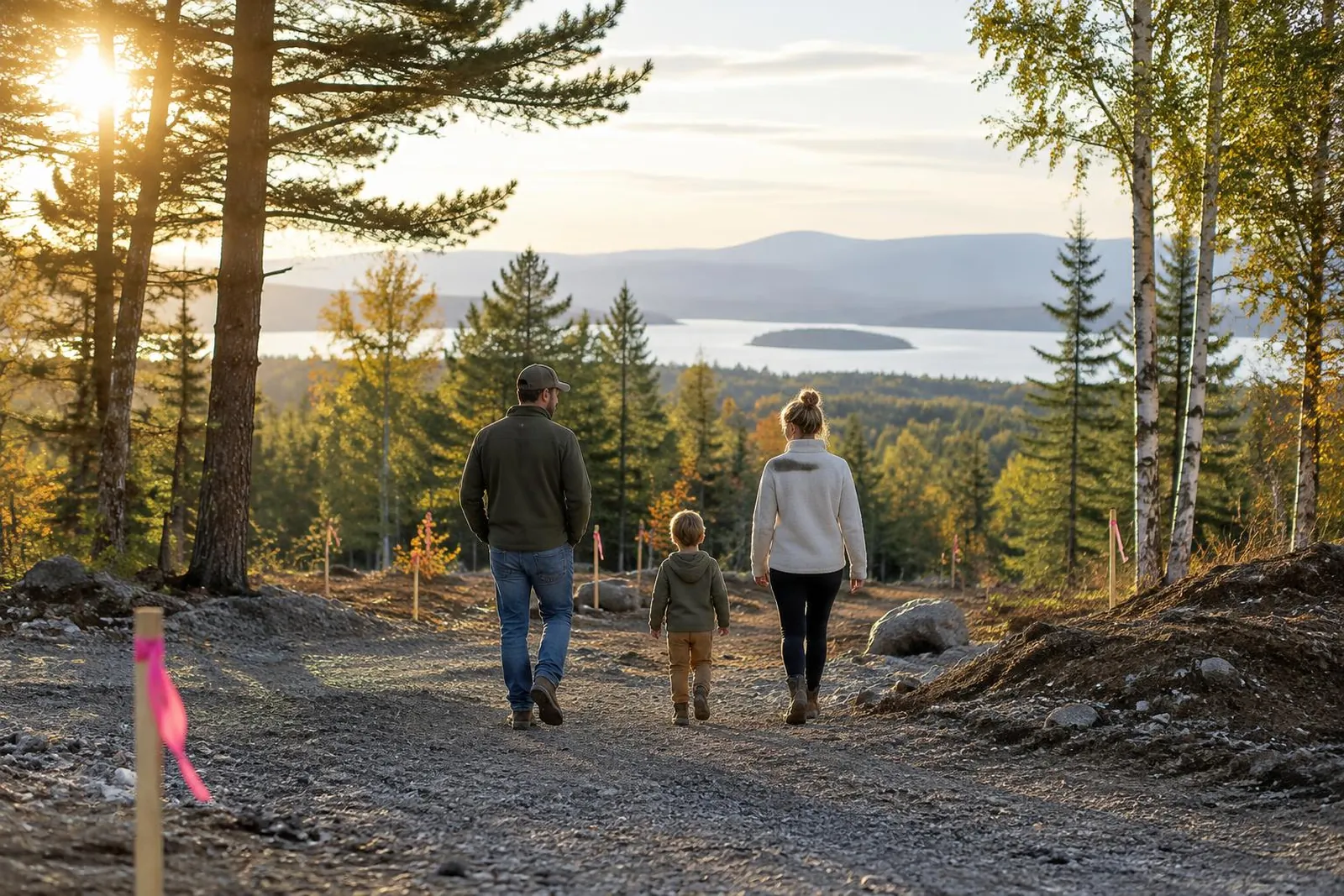 A family walking a wooded building site