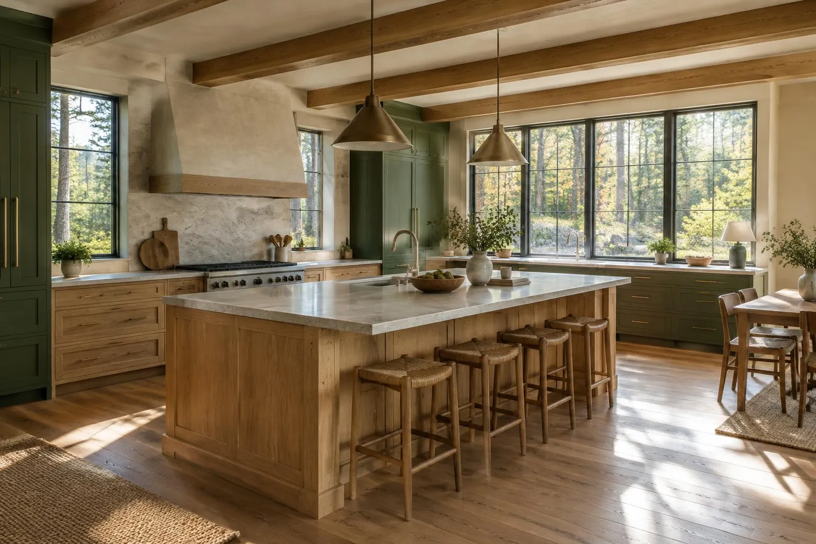 A sunlit finished kitchen with oak cabinetry, stone counters and woodland views