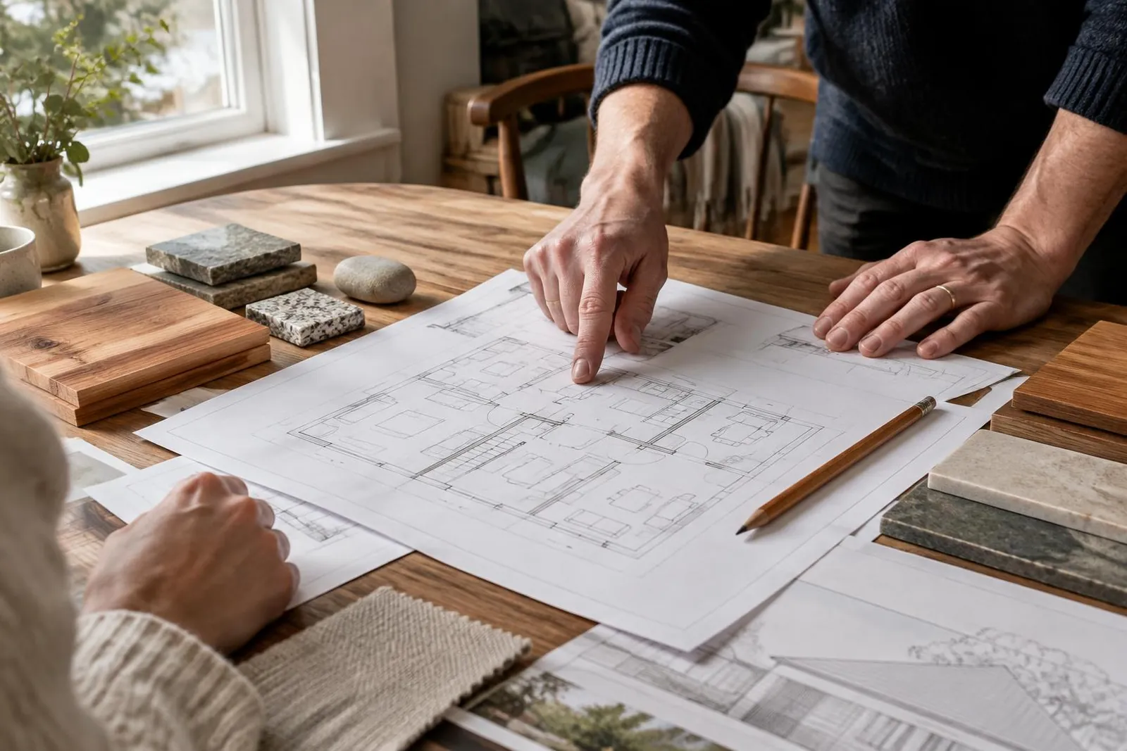 A floor plan and natural material samples expressing a home vision